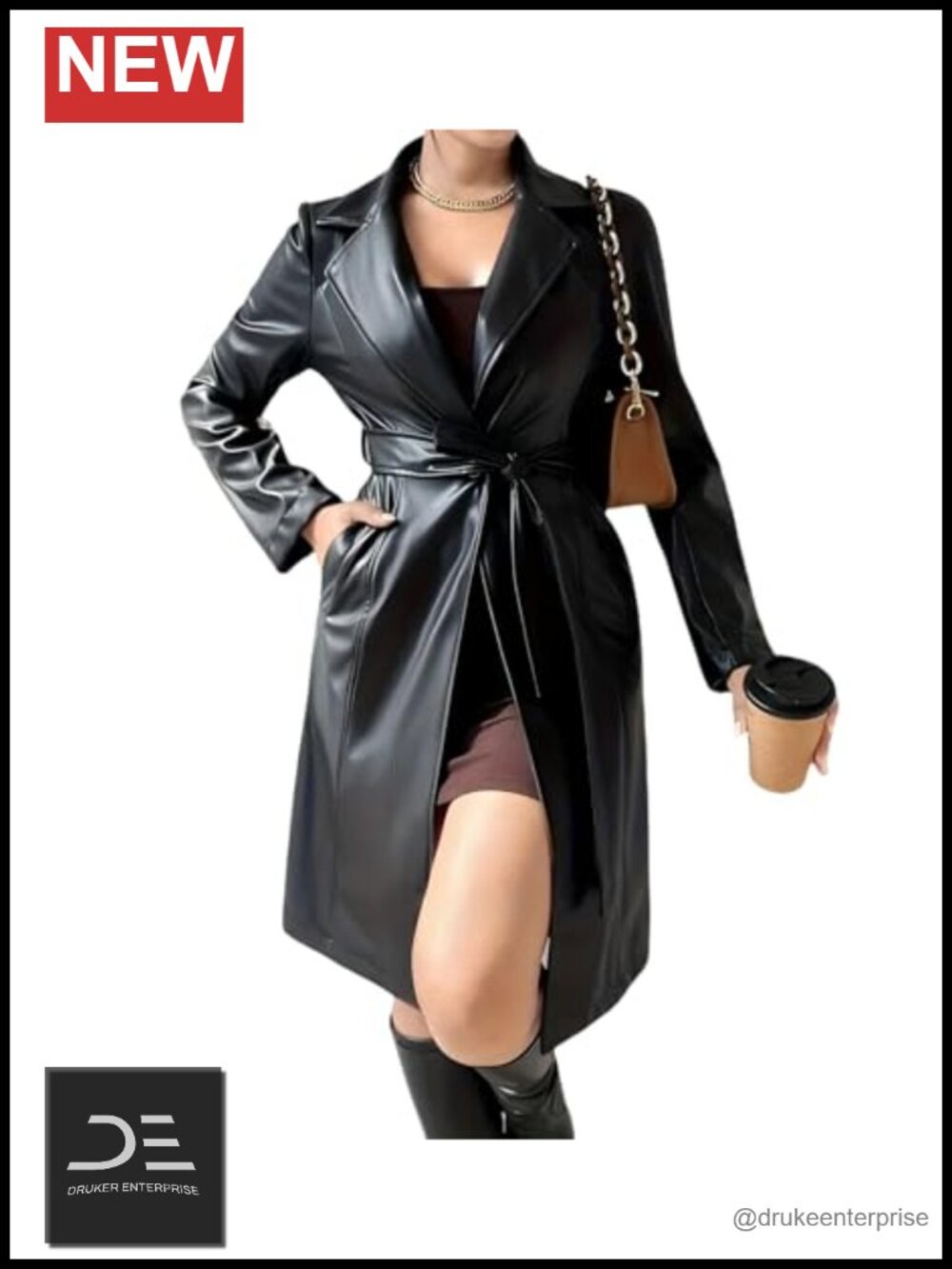 Women Long Sleeve Faux Leather Trench Coat Motorcycle Biker Jacket With Belt